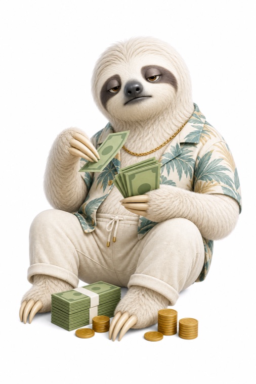 The Spinwage sloth counting its earnings